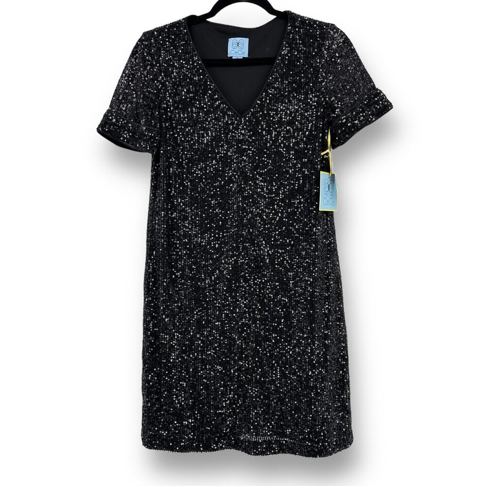 Cece Sequin V-Neck Cocktail Dress Womens Size XS Solid Black Short Sleeves